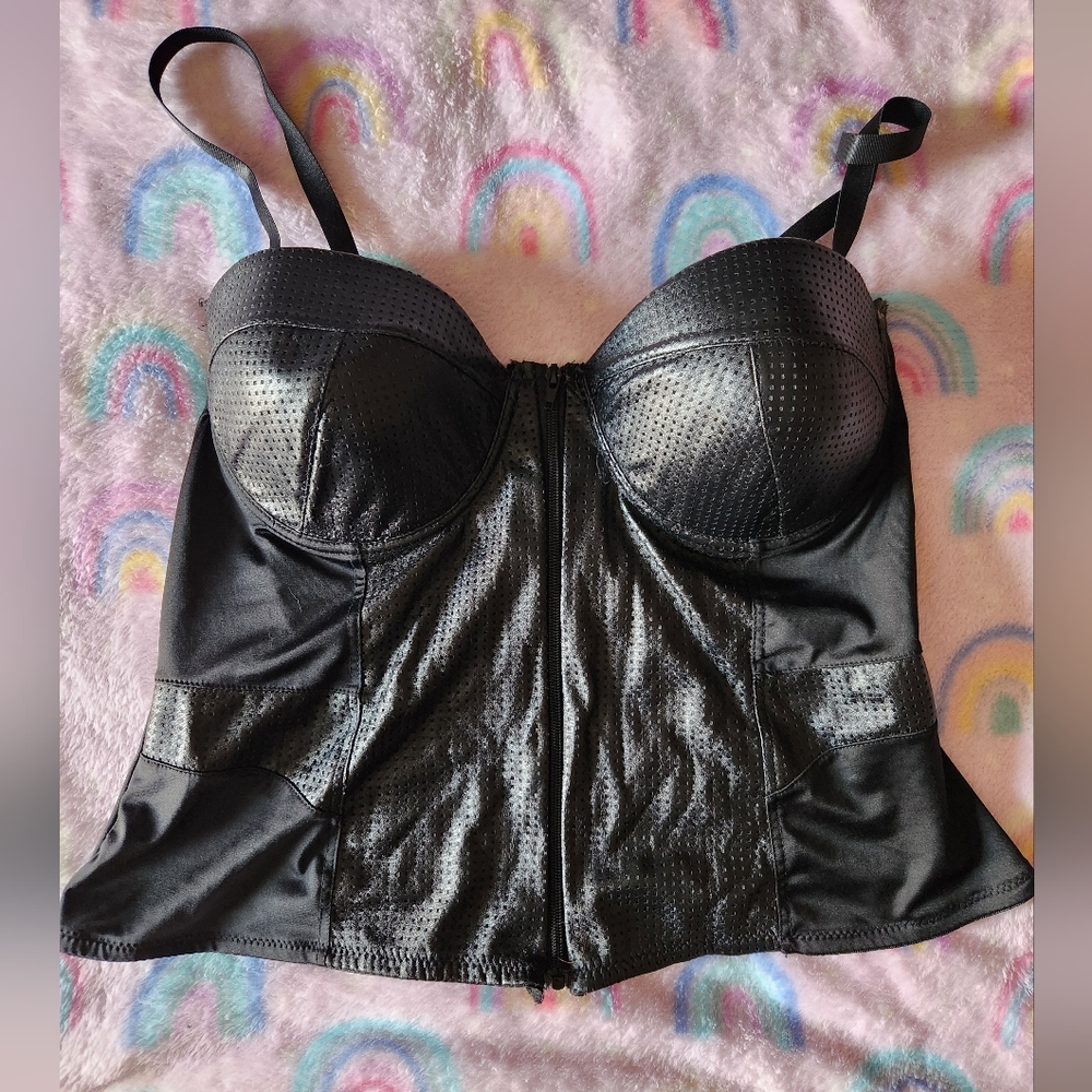 Black pleather top with spaghetti straps by Just One Size 3X.